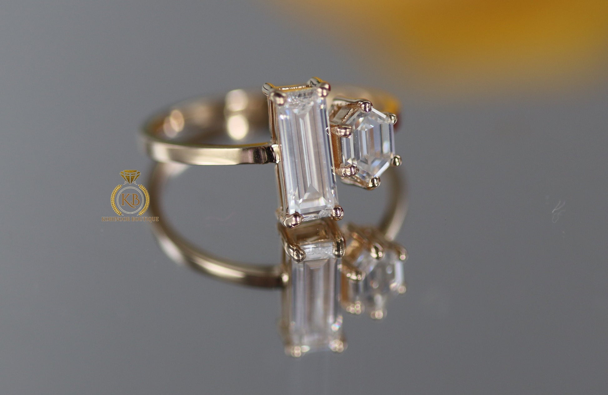 Baguette & hexagon moissanite Toi Et Moi two stone Engagement ring, wedding\promise\proposal ring, gift for her