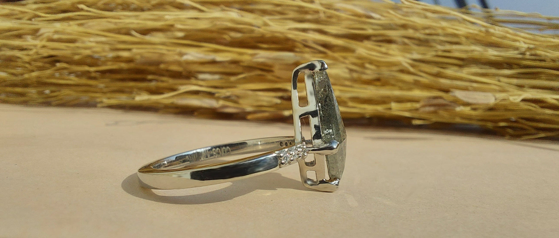 Kite Shield Cut Salt and Pepper with Moissanite side stone Engagement ring, Ring for her, Gift for her, Right hand ring