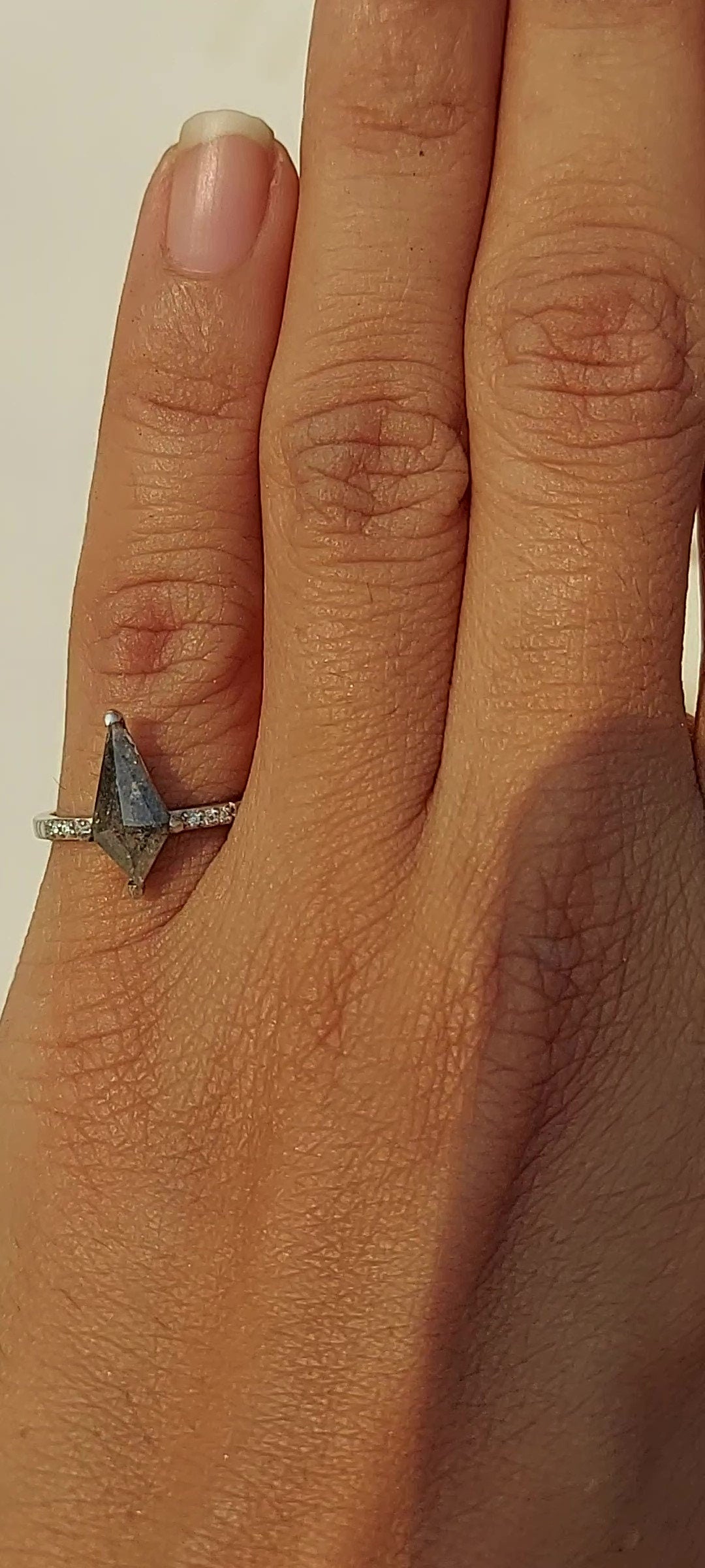 Kite Shield Cut Salt and Pepper with Moissanite side stone Engagement ring, Ring for her, Gift for her, Right hand ring
