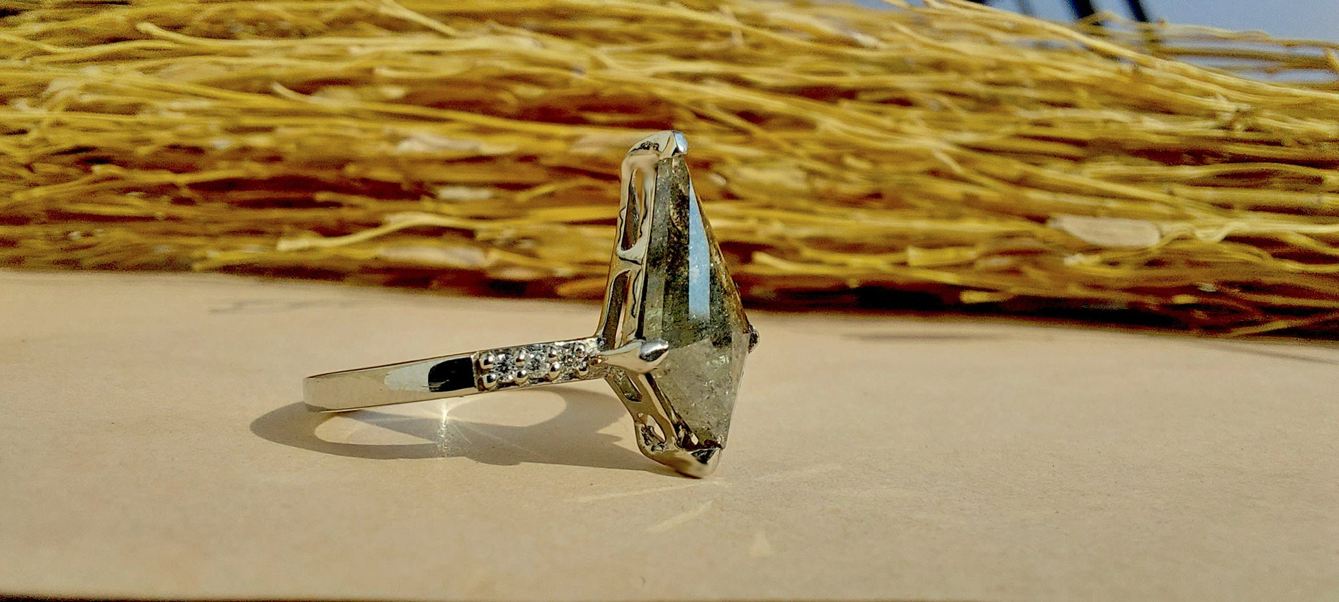 Kite Shield Cut Salt and Pepper with Moissanite side stone Engagement ring, Ring for her, Gift for her, Right hand ring
