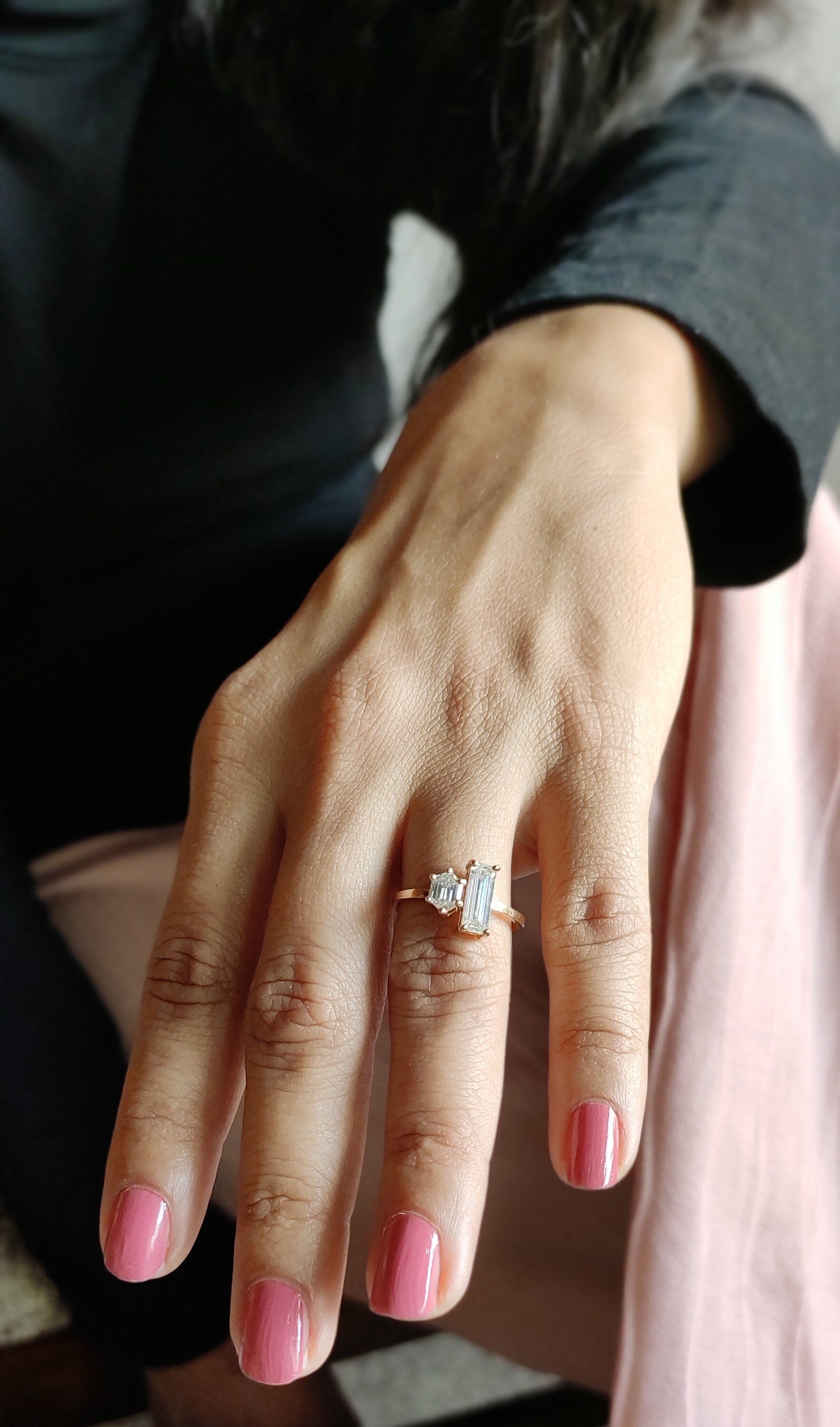 Baguette & hexagon moissanite Toi Et Moi two stone Engagement ring, wedding\promise\proposal ring, gift for her