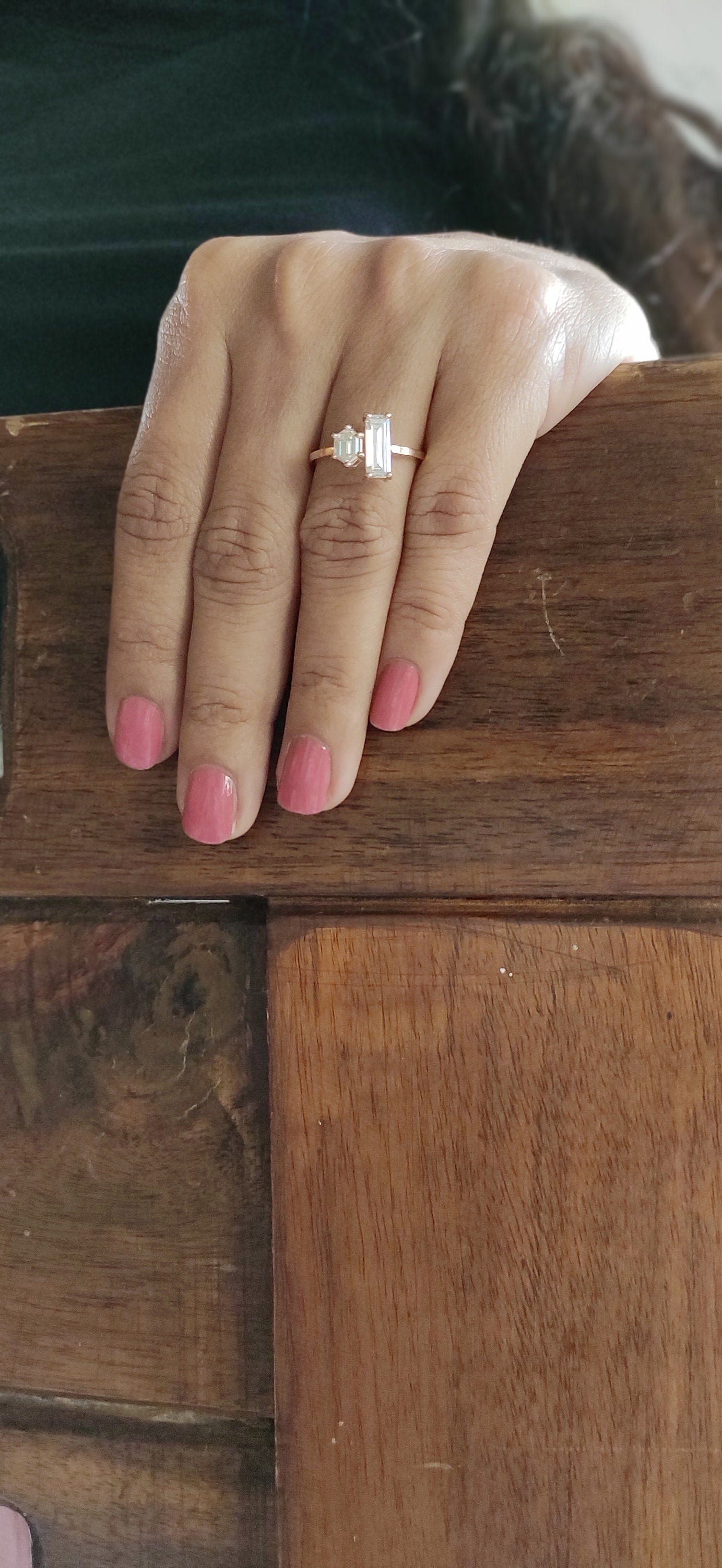 Baguette & hexagon moissanite Toi Et Moi two stone Engagement ring, wedding\promise\proposal ring, gift for her