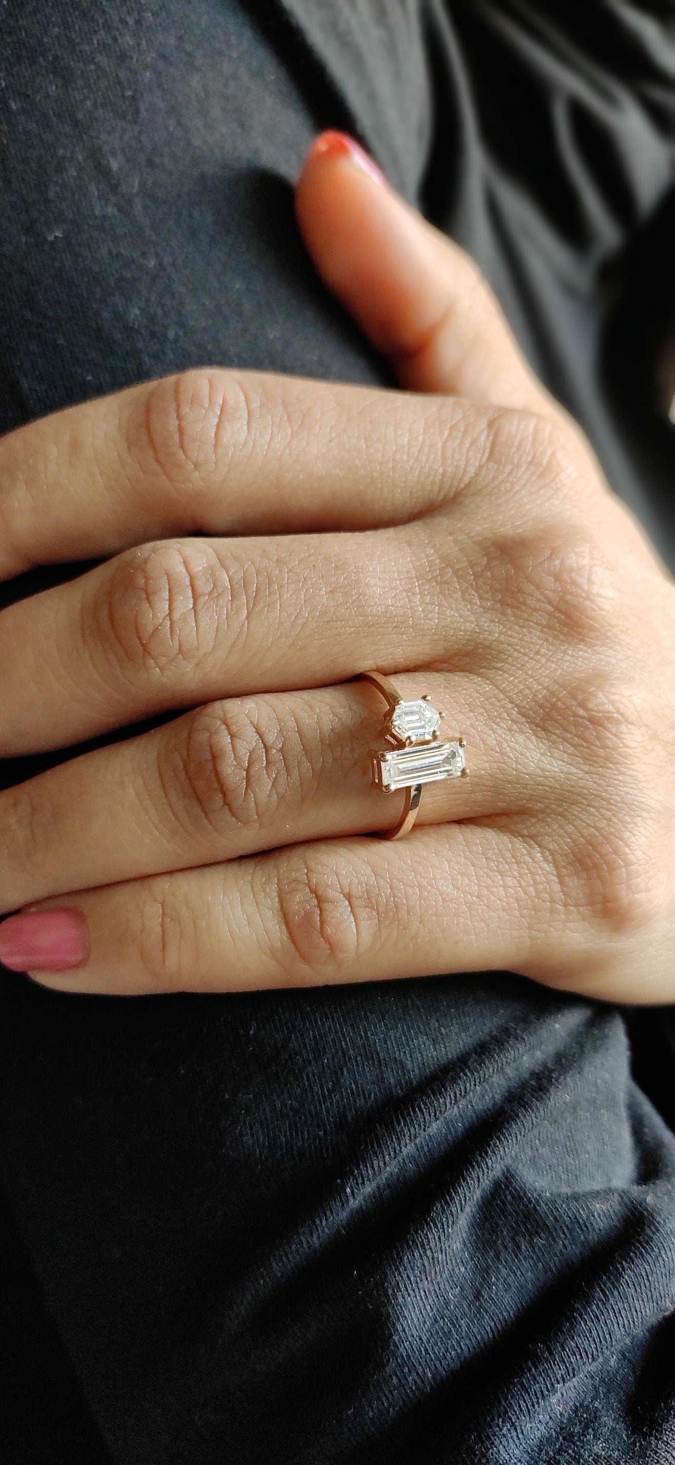 Baguette & hexagon moissanite Toi Et Moi two stone Engagement ring, wedding\promise\proposal ring, gift for her