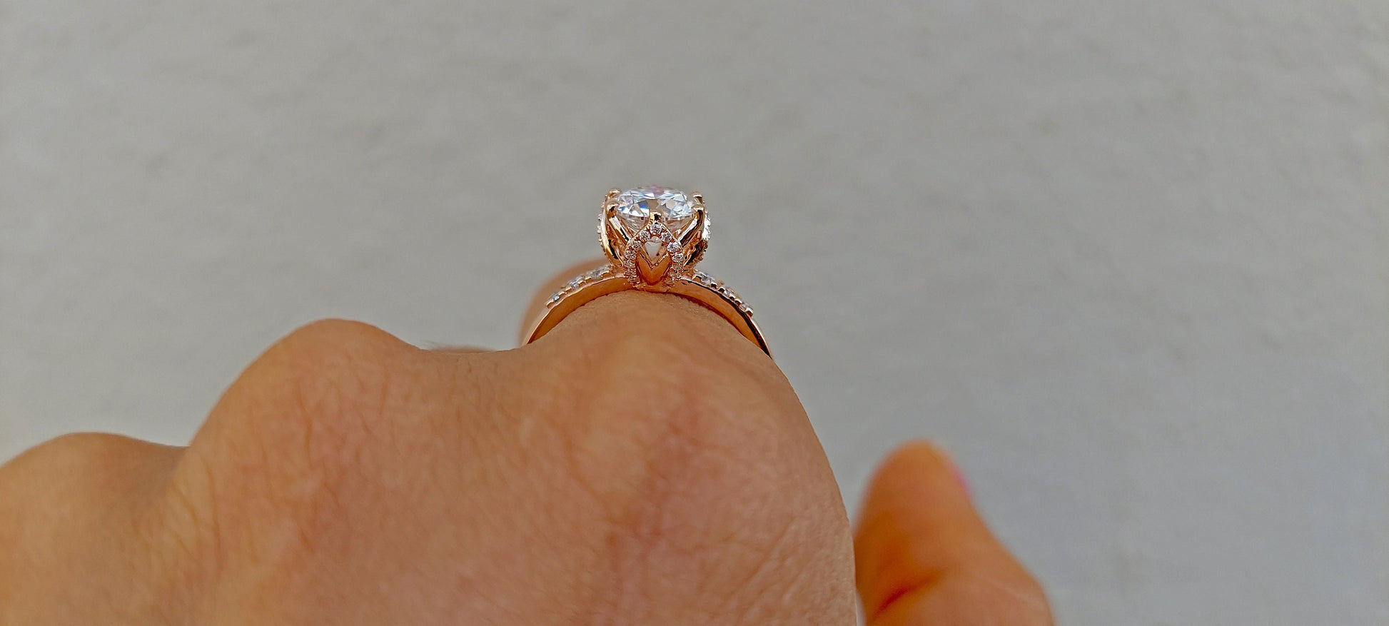 Tulip Pave basket Round with French Pave Band Moissanite Solitaire Engagement Ring, Lotus Prong with flower basket Promise\proposal Ring.