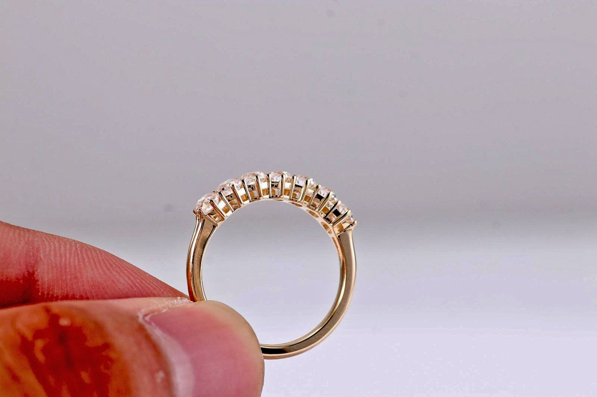 Old mine cut OMC 7 stone Cushion Cut Moissanite Wedding Band,Low profile split shank,available in S925 and 10K,14K and 18K Gold and Platinum