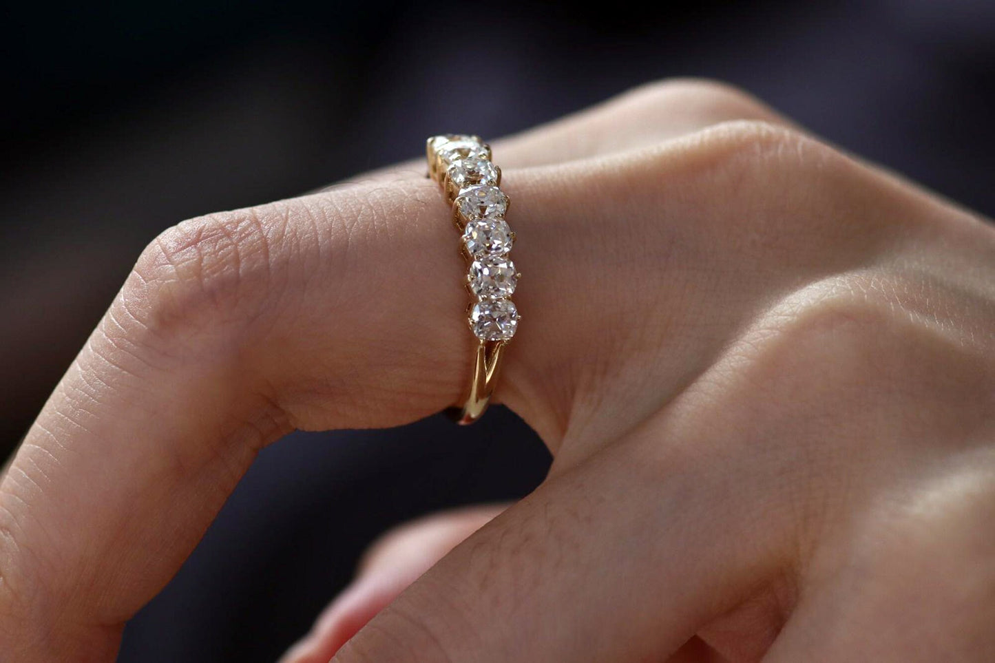 Old mine cut OMC 7 stone Cushion Cut Moissanite Wedding Band,Low profile split shank,available in S925 and 10K,14K and 18K Gold and Platinum