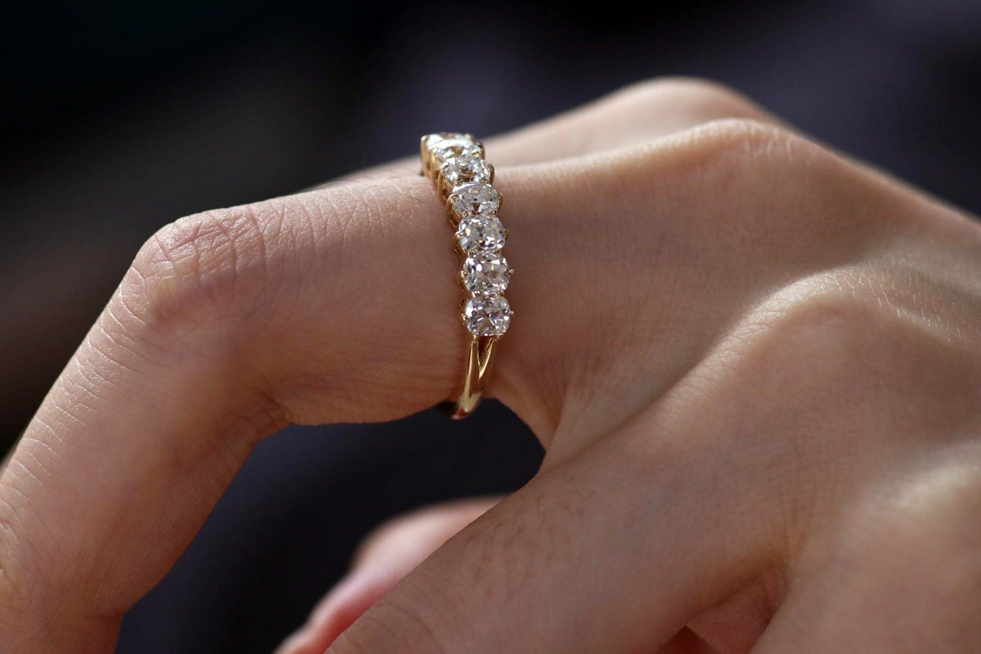 Old mine cut OMC 7 stone Cushion Cut Moissanite Wedding Band,Low profile split shank,available in S925 and 10K,14K and 18K Gold and Platinum