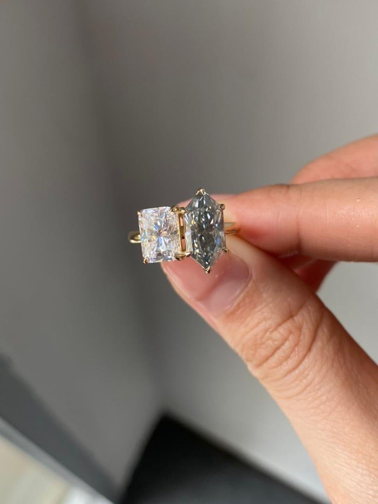 Grey Duchess Marquise and Radiant Cut moissanite Toi Et Moi two stone Engagement ring, in 925S,10k,14k,18k Gold and Platinum.
