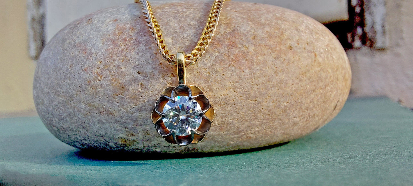 Round Moissanite Scallop Pendant, Vintage Edwardian Antique Pendant without chain, Wedding Pendant, Anniversary Gift