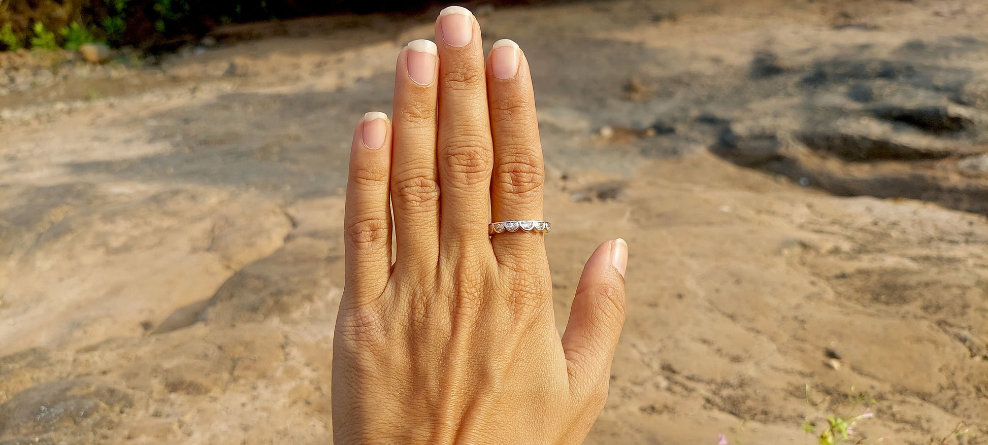 Half Moon Bezel Lace moissanite wedding band,Half eternity ring, Full eternity ring, stackable minimalist ring in White\Yellow\Rose Gold