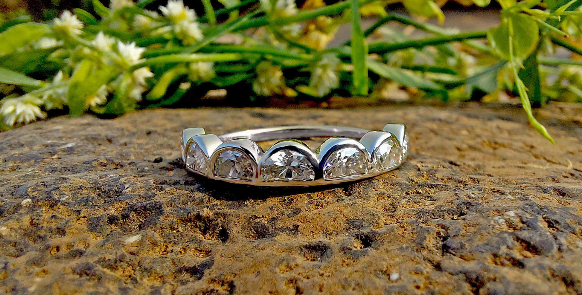 Half Moon Bezel Lace moissanite wedding band,Half eternity ring, Full eternity ring, stackable minimalist ring in White\Yellow\Rose Gold