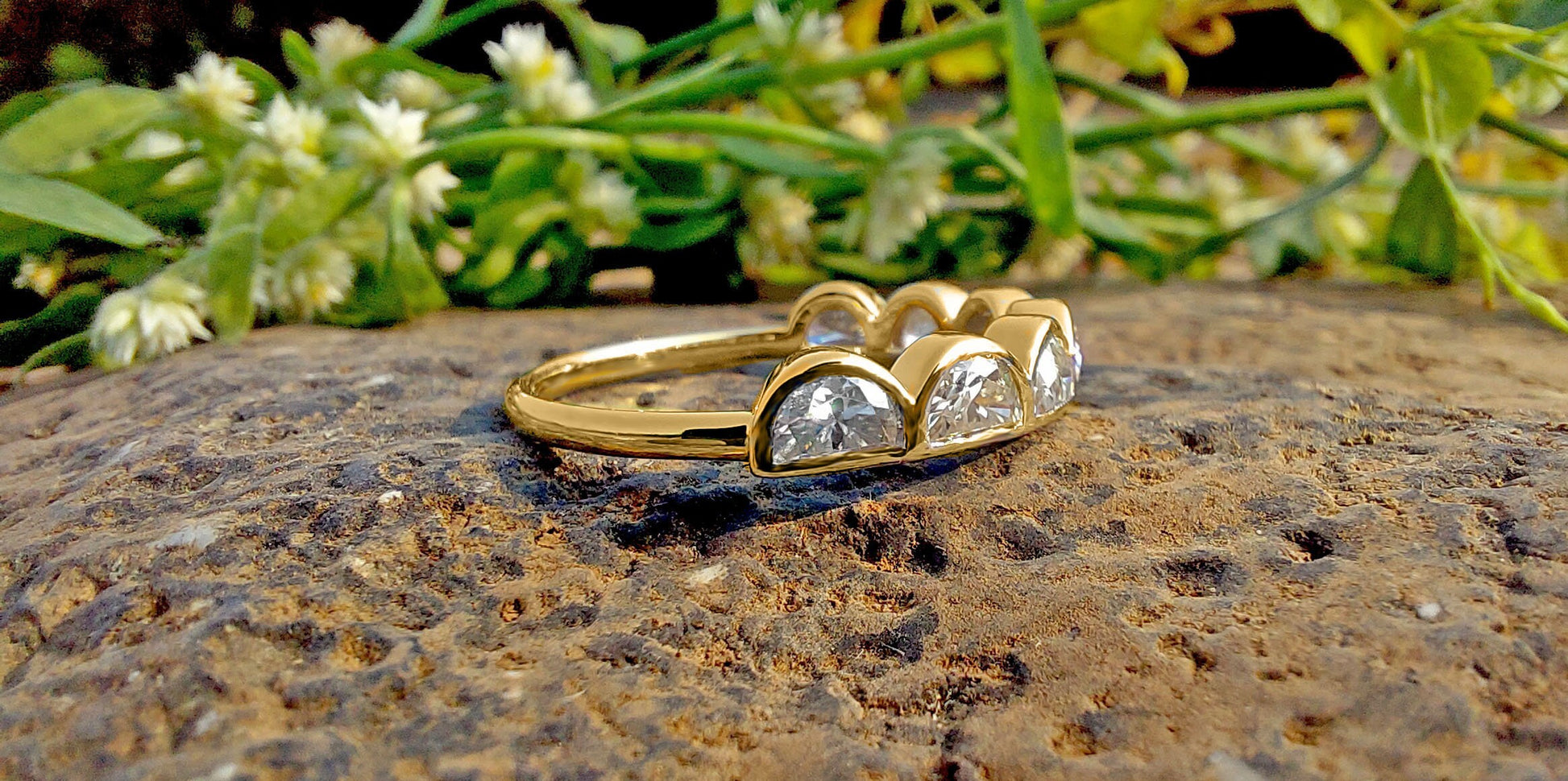 Half Moon Bezel Lace moissanite wedding band,Half eternity ring, Full eternity ring, stackable minimalist ring in White\Yellow\Rose Gold