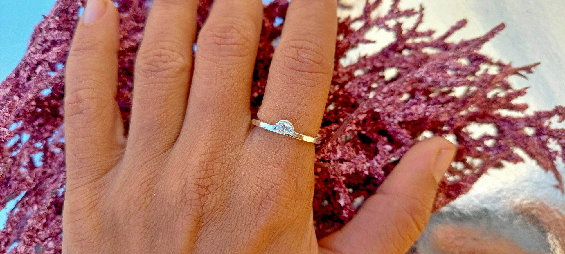 Half Moon Natural Diamond Bezel set Minimalist Solitaire Engagement ring, SGL certified, ring for her women, gift for wife, stackable ring.