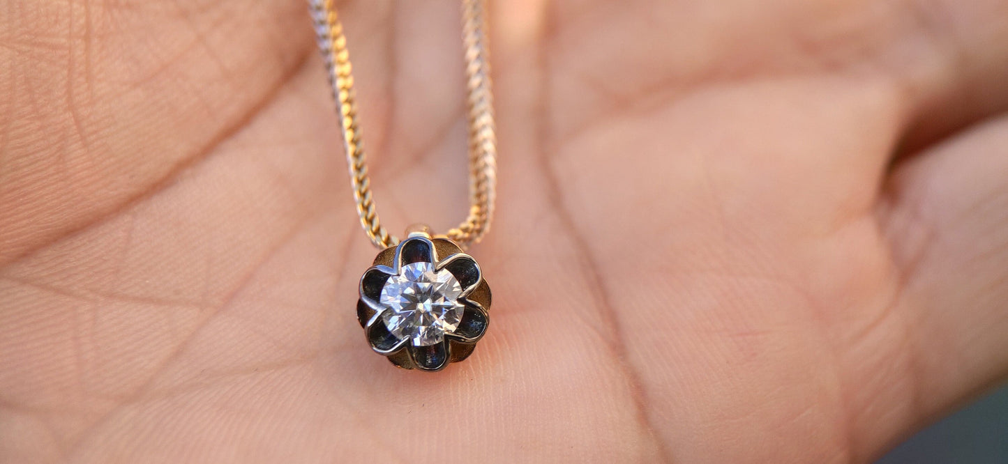 Round Moissanite Scallop Pendant, Vintage Edwardian Antique Pendant without chain, Wedding Pendant, Anniversary Gift