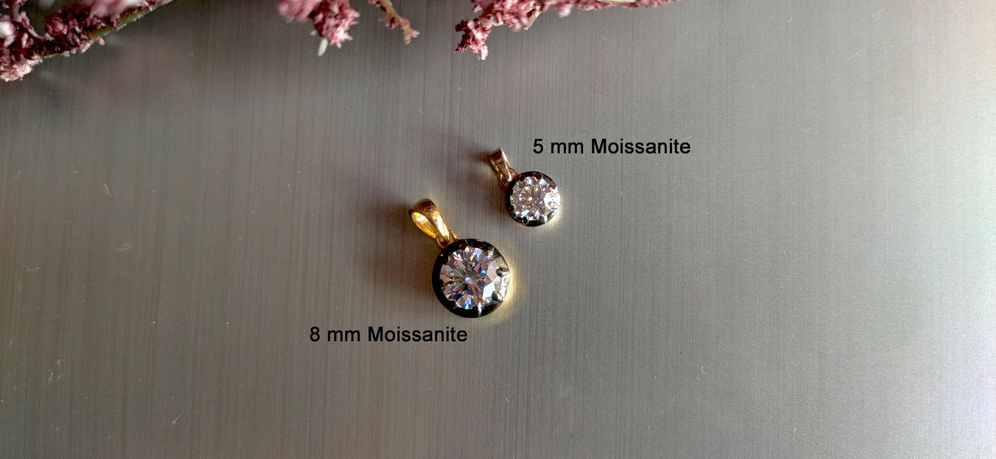 Round Cut Moissanite Pendant,also available with Swivel Clasp on request,Collet set Georgian cut down Button back set Pendant without chain.