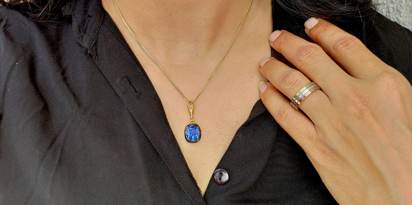 Elongated Cushion Cut Lab Blue Sapphire Pendant ready to ship, Collet set Georgian cut down set Pendant without chain, Wedding Pendant