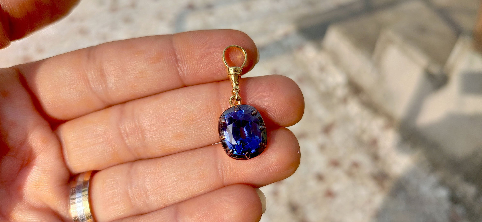 Elongated Cushion Cut Lab Blue Sapphire Pendant ready to ship, Collet set Georgian cut down set Pendant without chain, Wedding Pendant