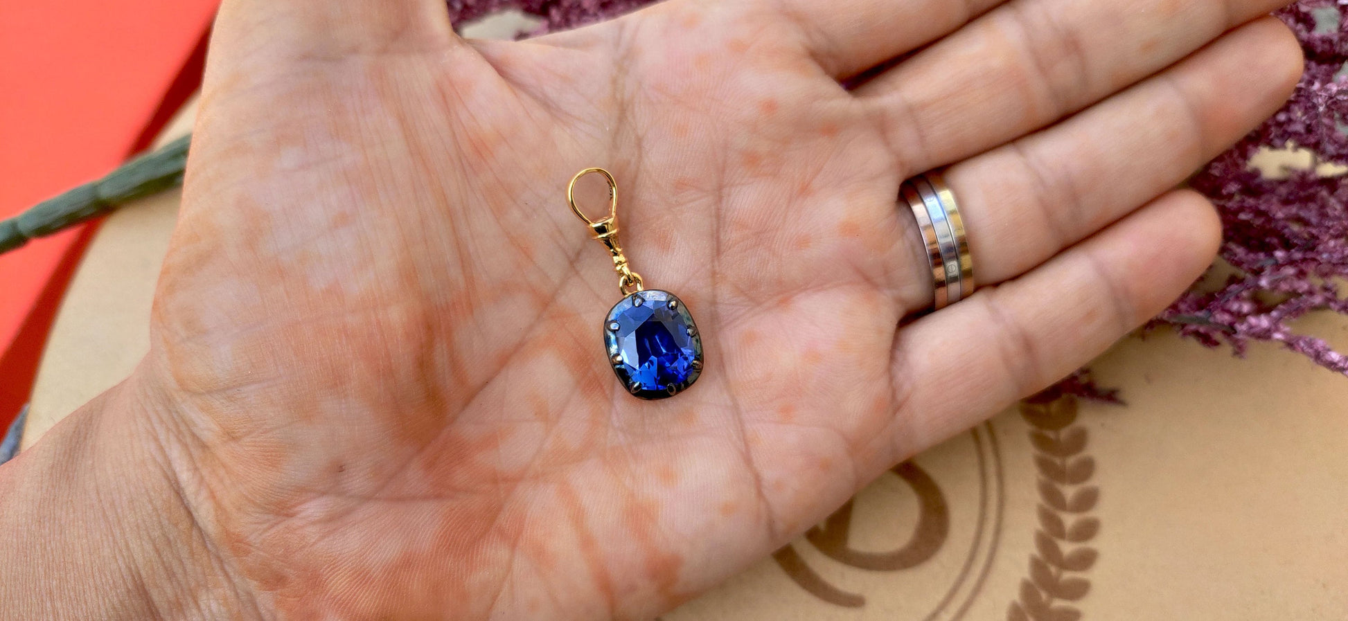 Elongated Cushion Cut Lab Blue Sapphire Pendant ready to ship, Collet set Georgian cut down set Pendant without chain, Wedding Pendant