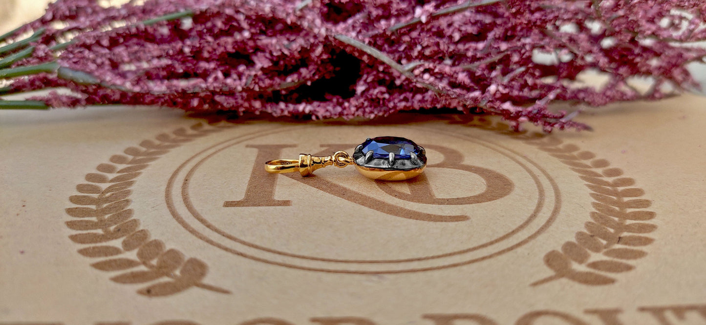 Elongated Cushion Cut Lab Blue Sapphire Pendant ready to ship, Collet set Georgian cut down set Pendant without chain, Wedding Pendant