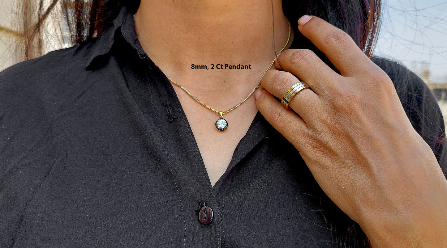Round Cut Moissanite Pendant,also available with Swivel Clasp on request,Collet set Georgian cut down Button back set Pendant without chain.