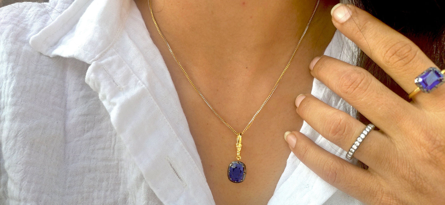 Elongated Cushion Cut Lab sapphire Pendant, Collet set Georgian cut down set Pendant without chain, Wedding Pendant, Anniversary Gift