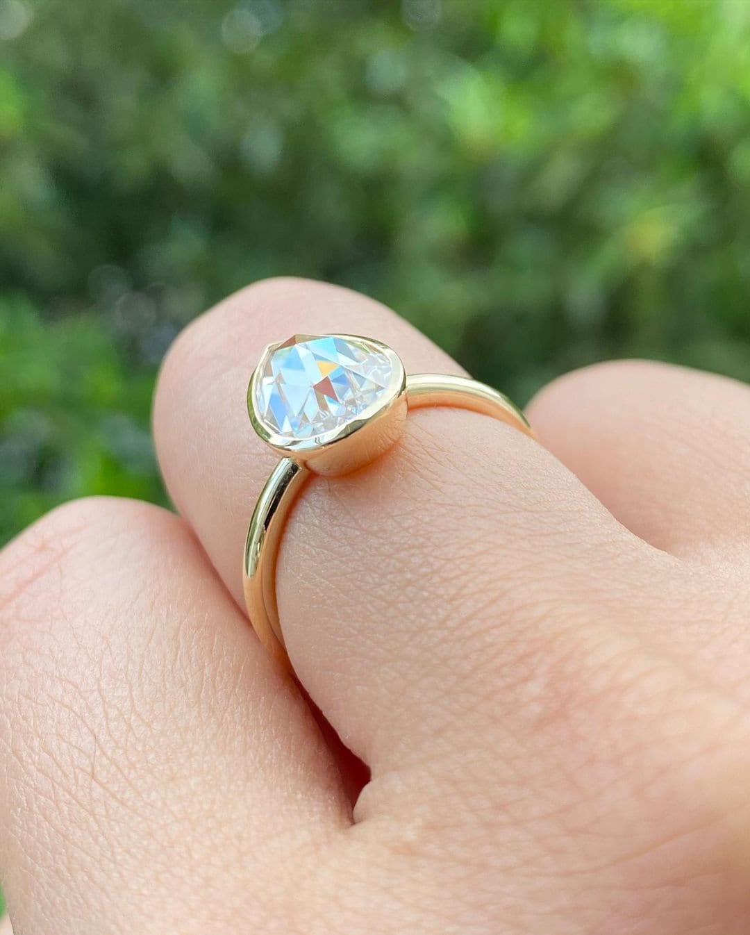 Bezel Set Rose Cut Pear Moissanite Solitaire Engagement ring, Low profile set ring, Gift Ring for her, Vintage cut ring, tear drop ring.