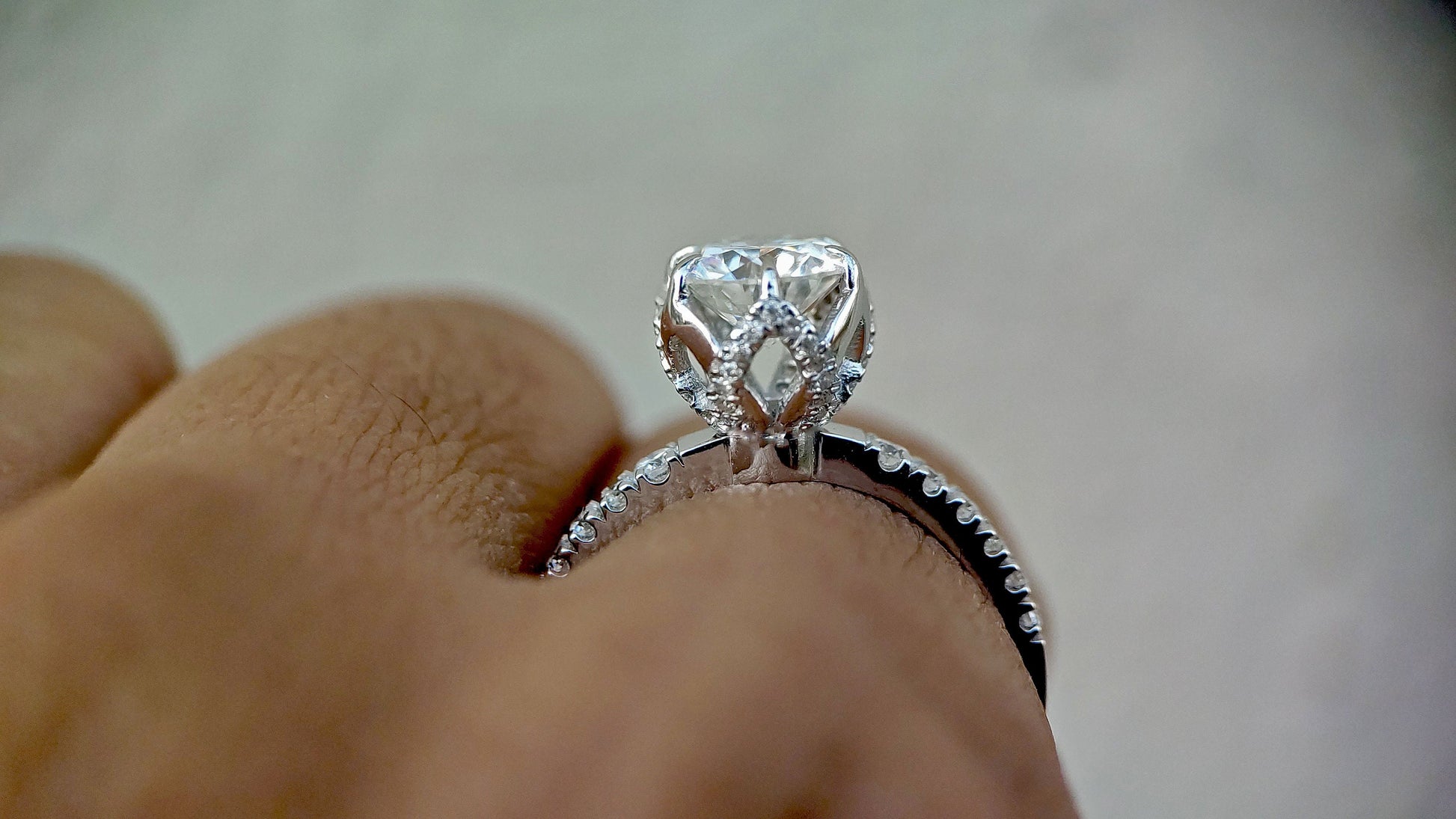 Tulip Pave basket Round with French Pave Band Moissanite Solitaire Engagement Ring, Lotus Prong with flower basket Promise\proposal Ring.