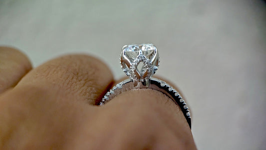 Tulip Pave basket Round with French Pave Band Moissanite Solitaire Engagement Ring, Lotus Prong with flower basket Promise\proposal Ring.