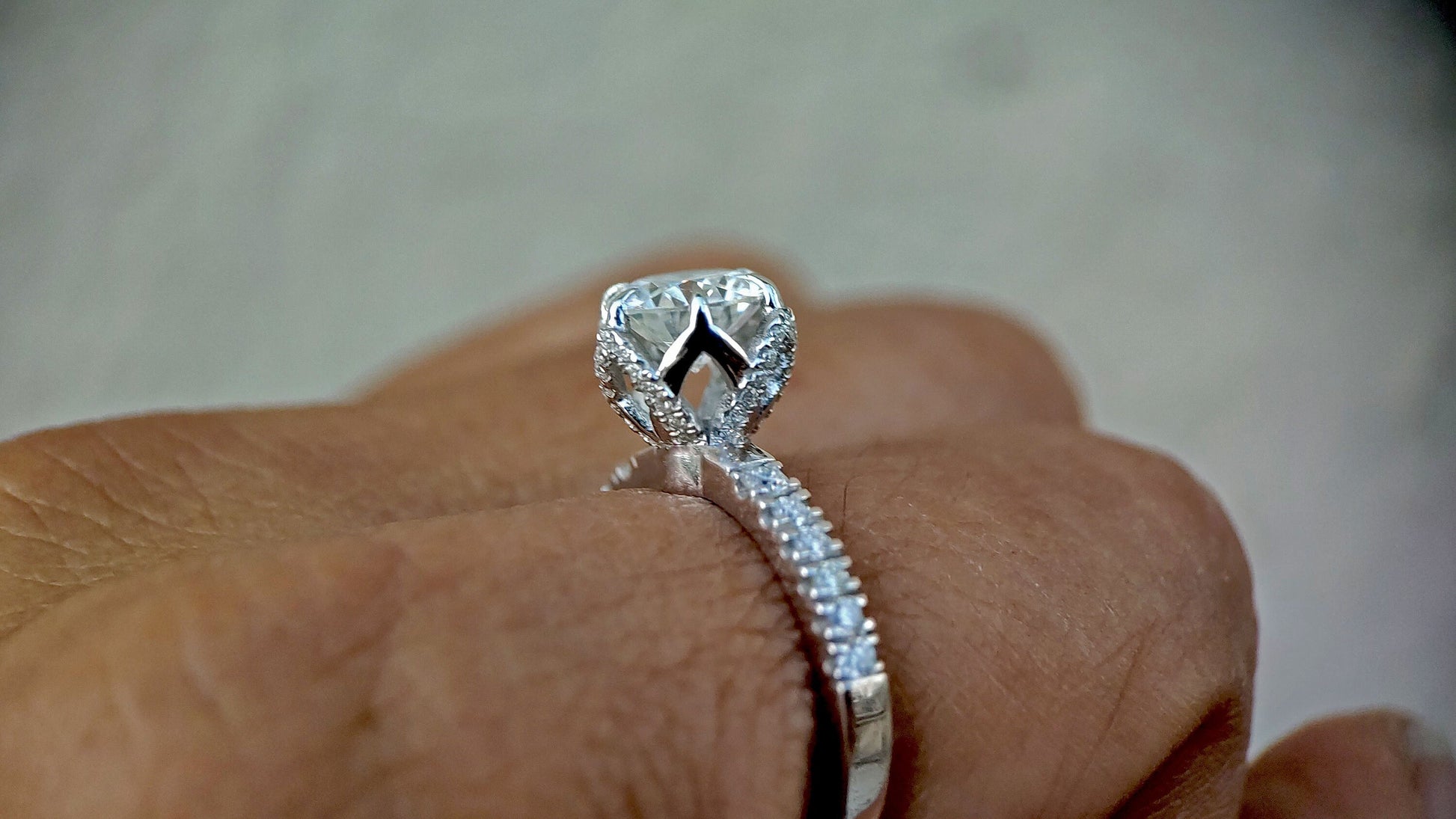 Tulip Pave basket Round with French Pave Band Moissanite Solitaire Engagement Ring, Lotus Prong with flower basket Promise\proposal Ring.