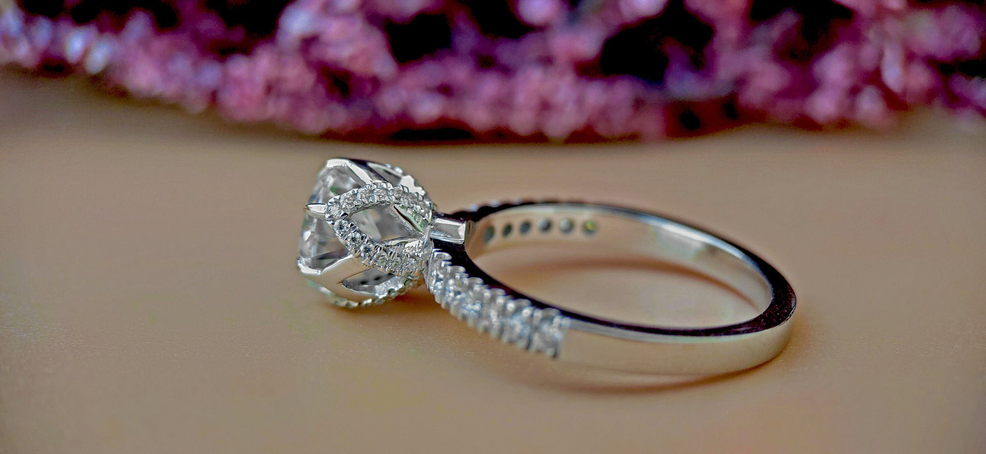 Tulip Pave basket Round with French Pave Band Moissanite Solitaire Engagement Ring, Lotus Prong with flower basket Promise\proposal Ring.
