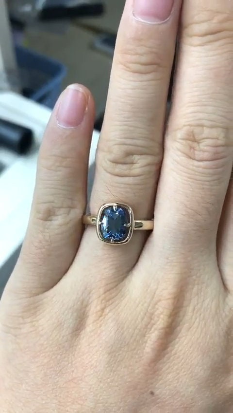 Blue Old Mine Cushion Cut OMC Bezel Georgian Cut down set, Moissanite Solitaire Engagement Ring, ring for her, gift for her, ring for women.