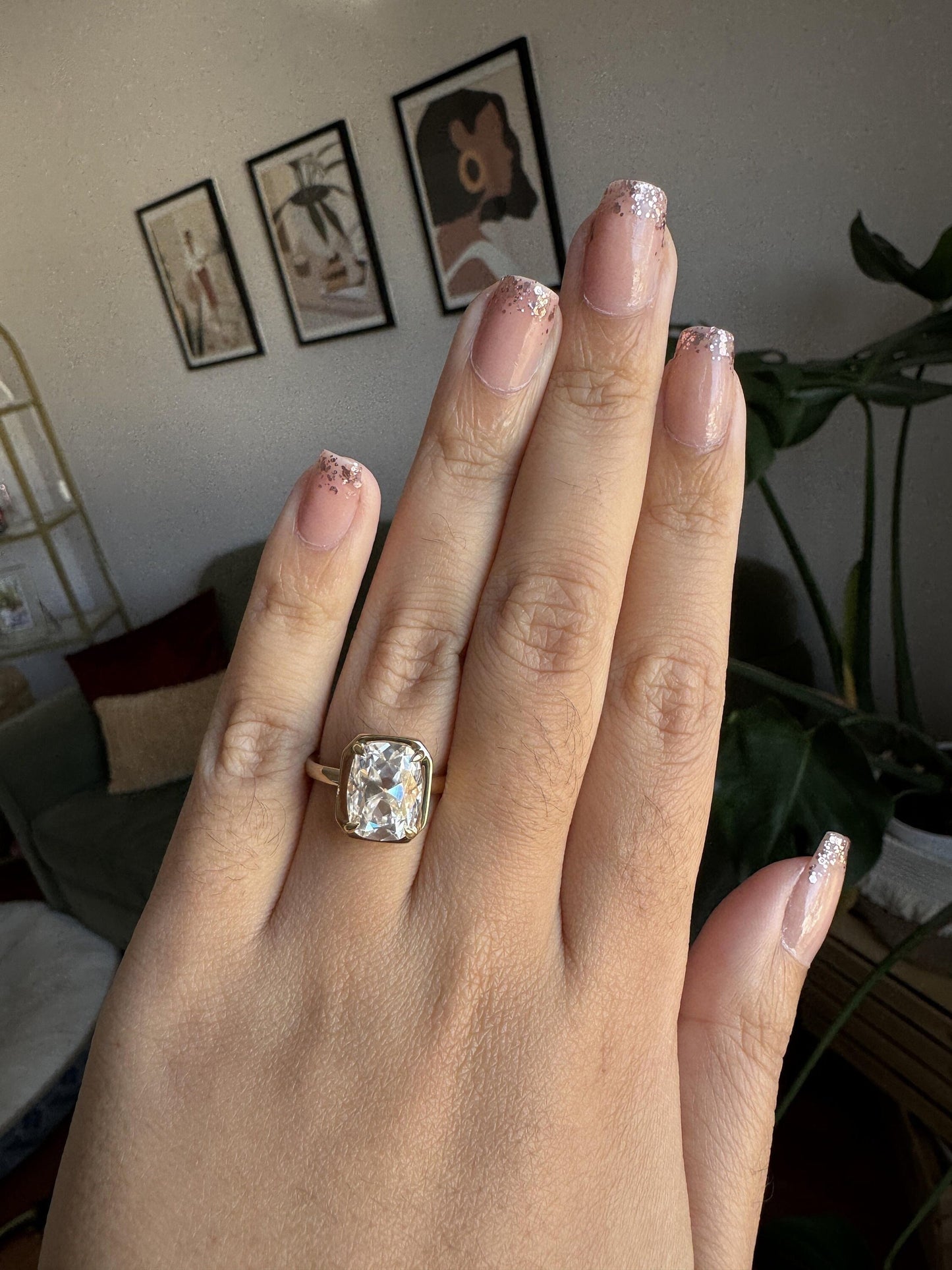 Old Mine Cushion Cut OMC Bezel Georgian Cut down set, Moissanite Solitaire Engagement Ring, ring gift for her, ring for women.