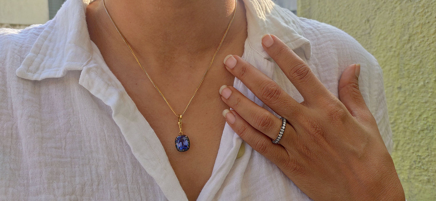Elongated Cushion Cut Lab Blue Sapphire Pendant ready to ship, Collet set Georgian cut down set Pendant without chain, Wedding Pendant