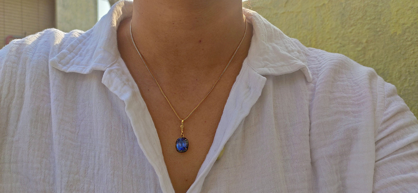 Elongated Cushion Cut Lab Blue Sapphire Pendant ready to ship, Collet set Georgian cut down set Pendant without chain, Wedding Pendant