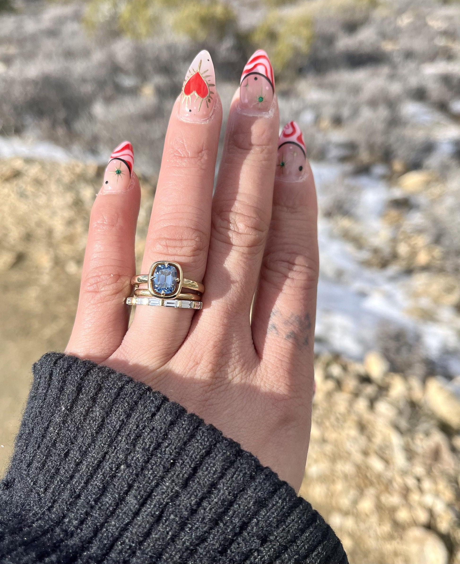 Blue Old Mine Cushion Cut OMC Bezel Georgian Cut down set, Moissanite Solitaire Engagement Ring, ring for her, gift for her, ring for women.