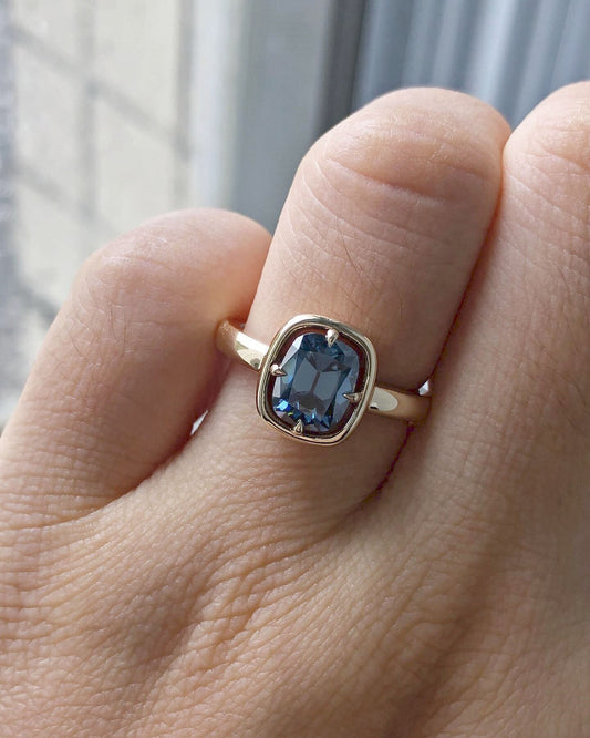 Blue Old Mine Cushion Cut OMC Bezel Georgian Cut down set, Moissanite Solitaire Engagement Ring, ring for her, gift for her, ring for women.