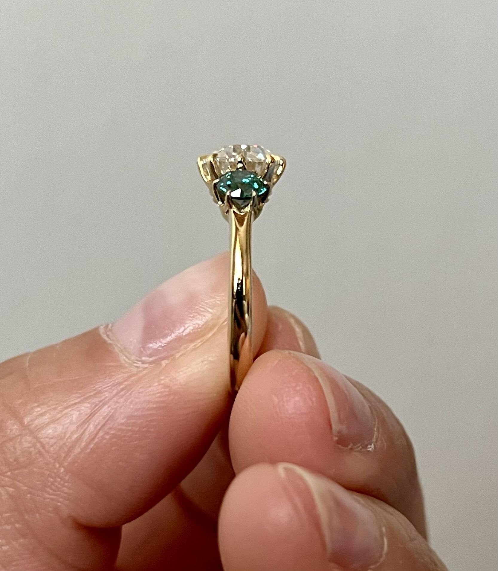 Old European Cut Round Moissanite with side Old European Cut Green Moissanite 3 stone Engagement Ring, Ring for her, ring for women