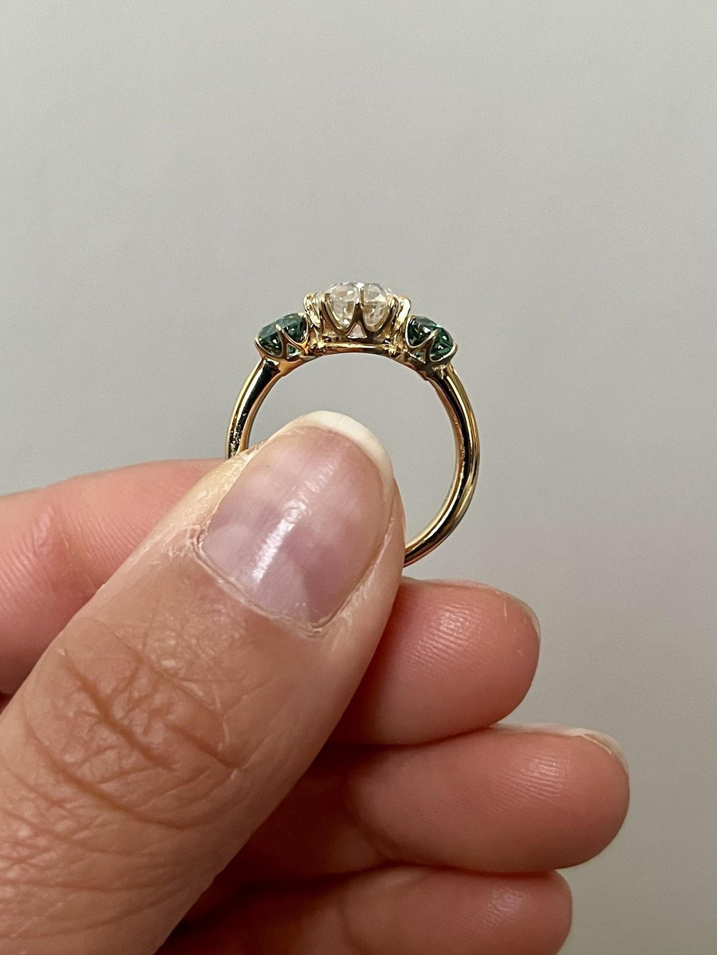 Old European Cut Round Moissanite with side Old European Cut Green Moissanite 3 stone Engagement Ring, Ring for her, ring for women