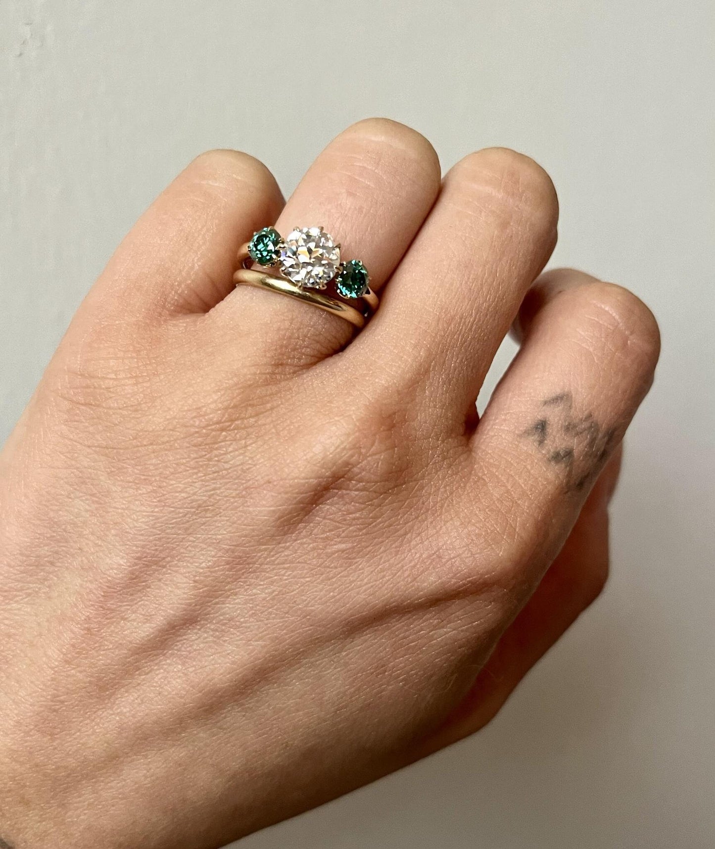 Old European Cut Round Moissanite with side Old European Cut Green Moissanite 3 stone Engagement Ring, Ring for her, ring for women