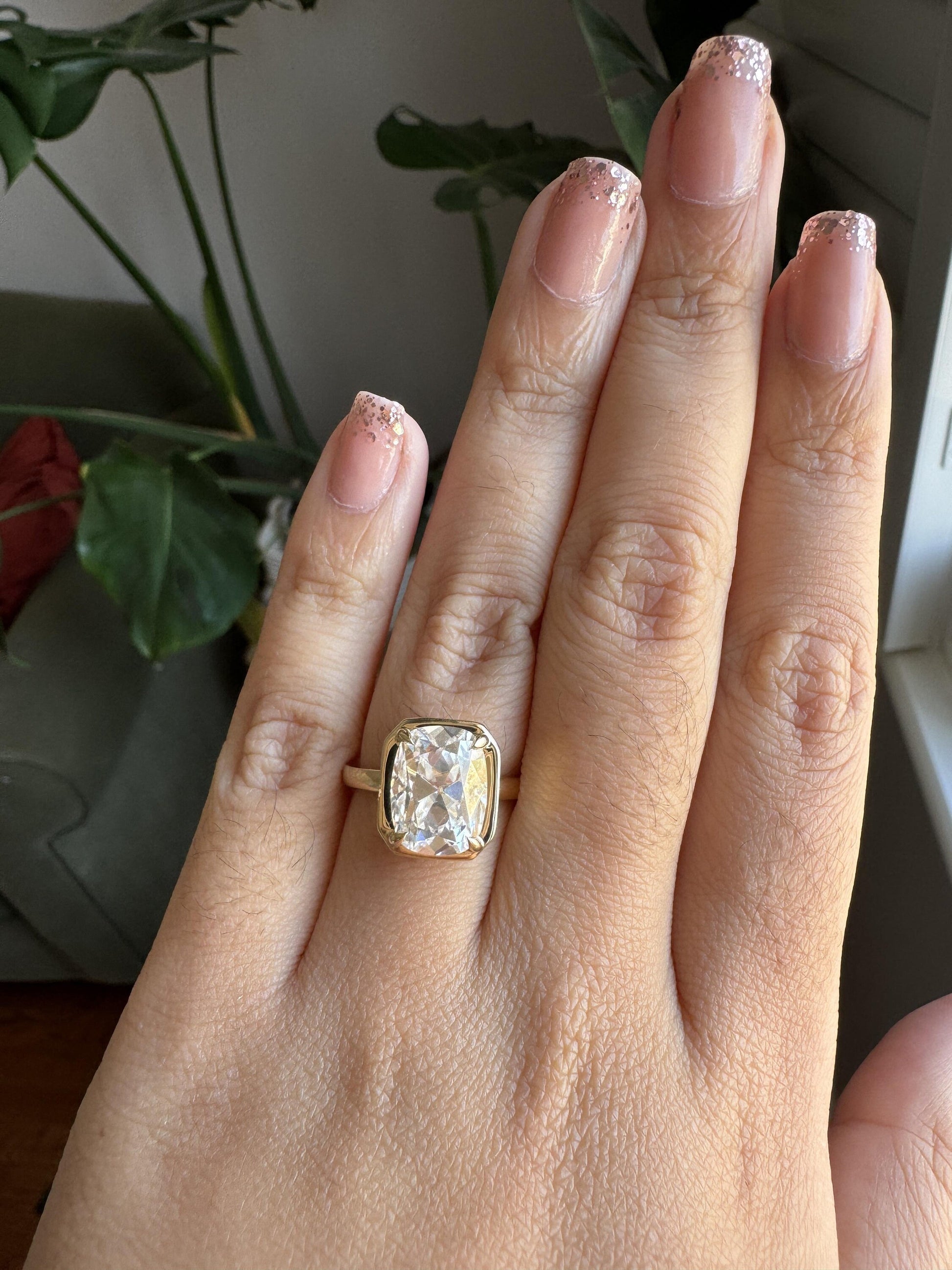 Old Mine Cushion Cut OMC Bezel Georgian Cut down set, Moissanite Solitaire Engagement Ring, ring gift for her, ring for women.