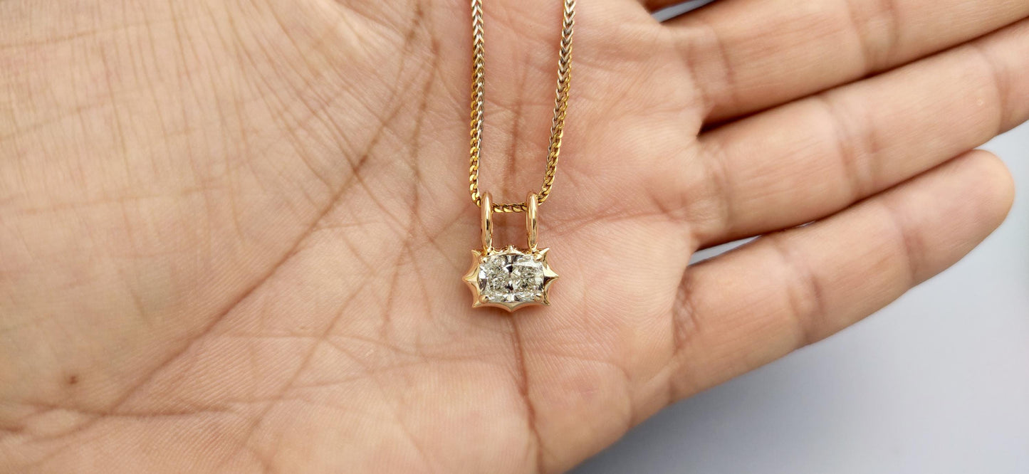 East west Set Elongated Cushion Cut Moissanite Pendant, Collet set Georgian cut down set button back pendant without chain, Wedding Pendant