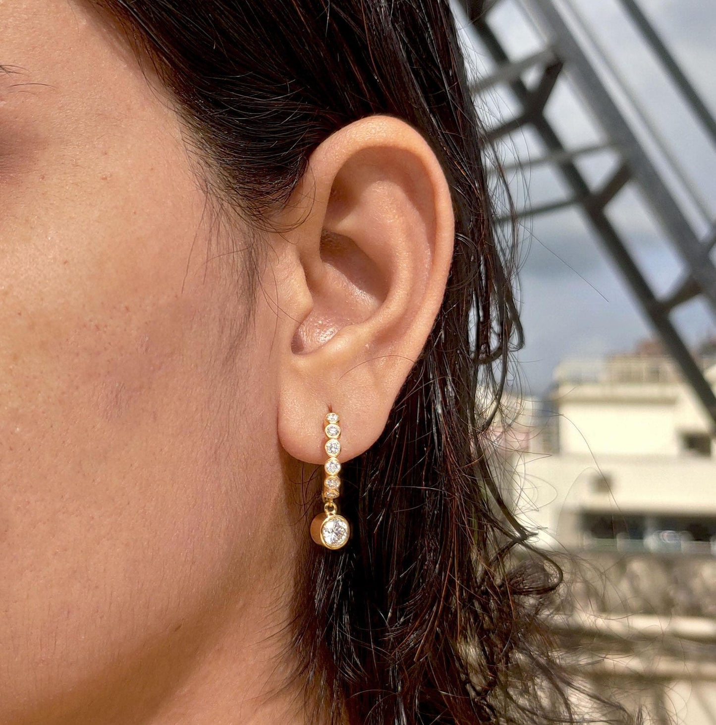 Moissanite bezel drop huggie hoops earrings for women, everyday earrings, Push back\Earrings, wedding huggie, gift for women