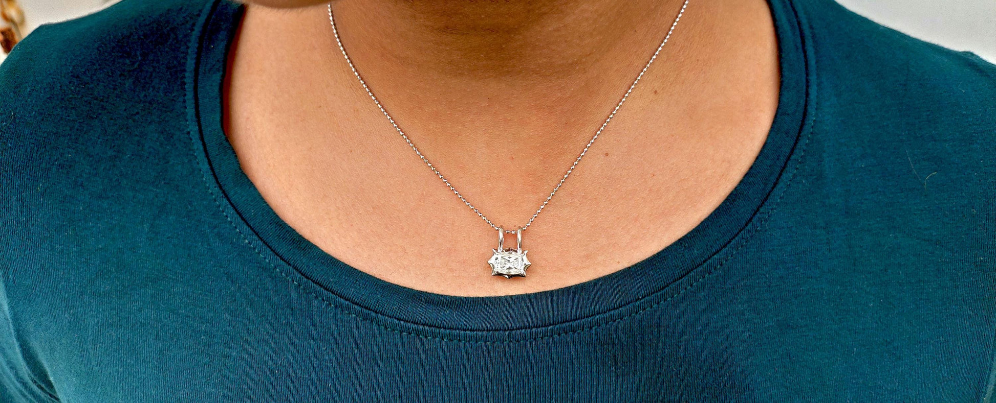 East west Set Elongated Cushion Cut Moissanite Pendant, Collet set Georgian cut down set button back pendant without chain, Wedding Pendant
