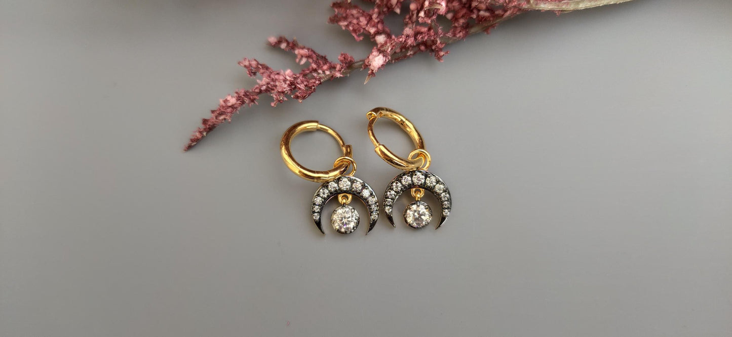 Half moon Moissanite button back Georgian cut down Huggie,2 in 1 statement earring, blackened gold earrings.