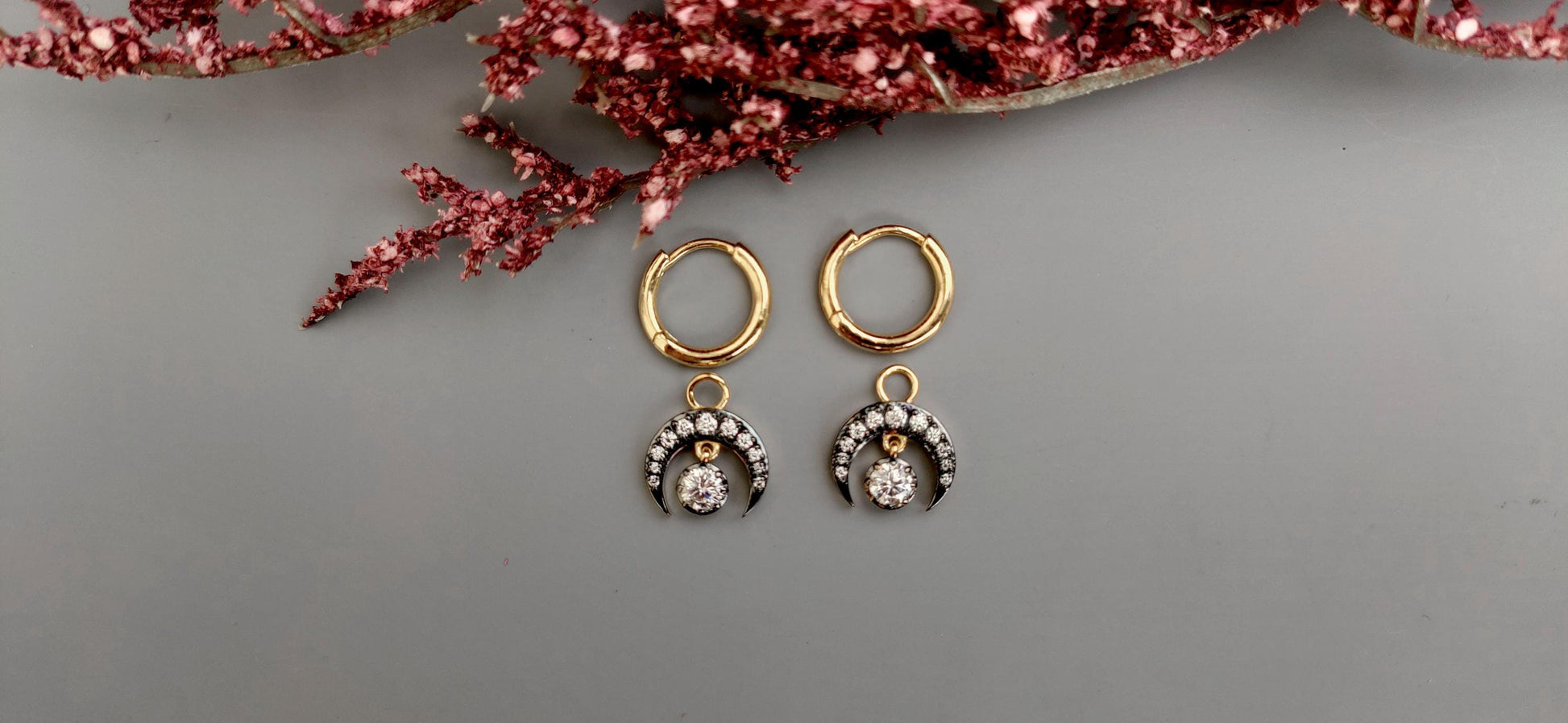 Half moon Moissanite button back Georgian cut down Huggie,2 in 1 statement earring, blackened gold earrings.