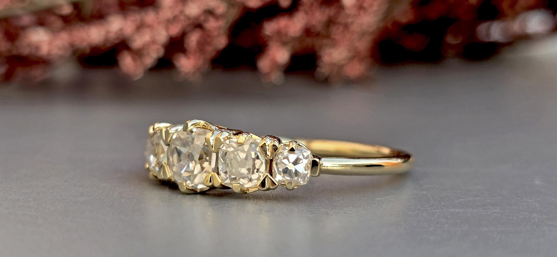 5 stone graduated OMC Old Mine Cut Cushion Moissanite ring, Anniversary Band, Anniversary gift for wife, ring for her, Right-hand ring