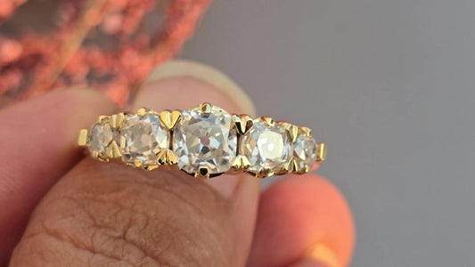 5 stone graduated OMC Old Mine Cut Cushion Moissanite ring, Anniversary Band, Anniversary gift for wife, ring for her, Right-hand ring