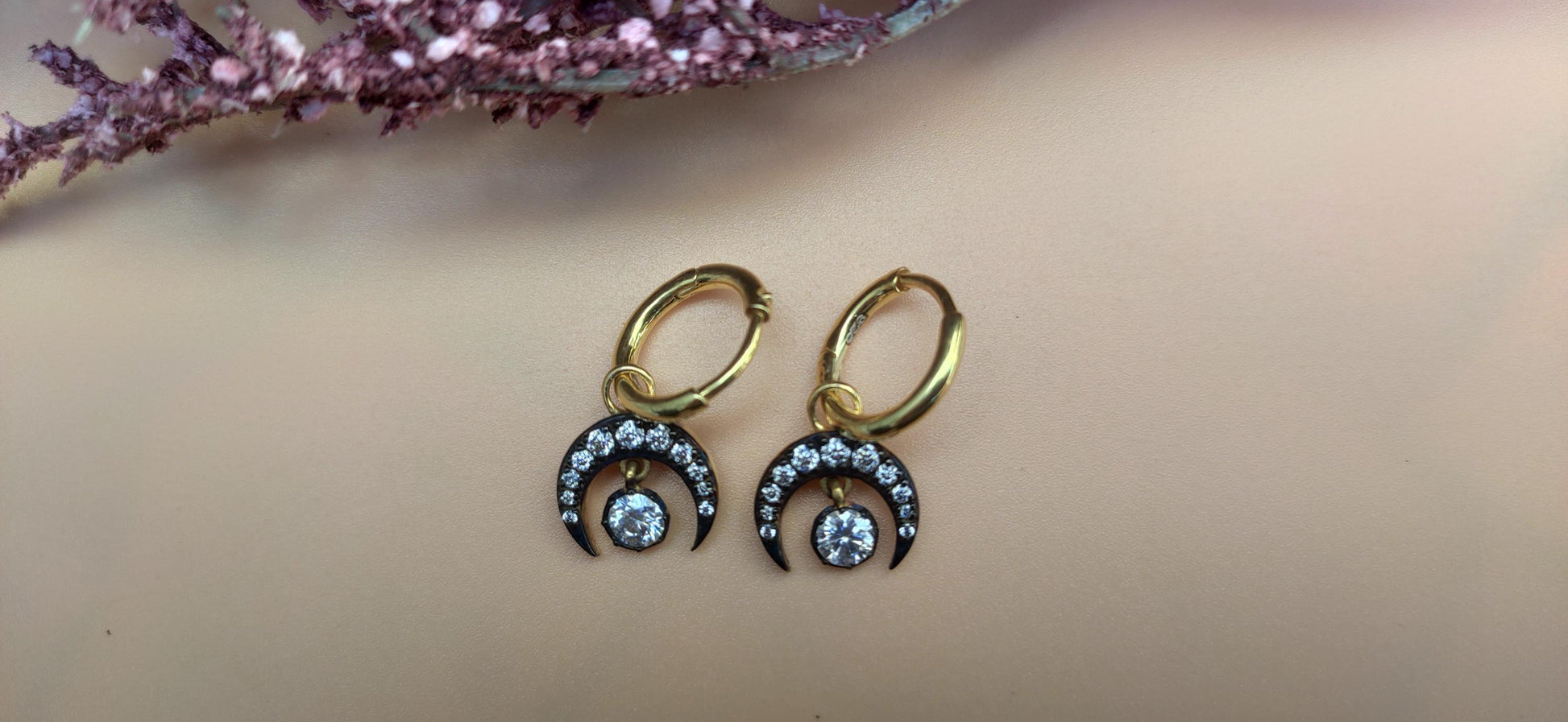 Half moon Moissanite button back Georgian cut down Huggie,2 in 1 statement earring, blackened gold earrings.