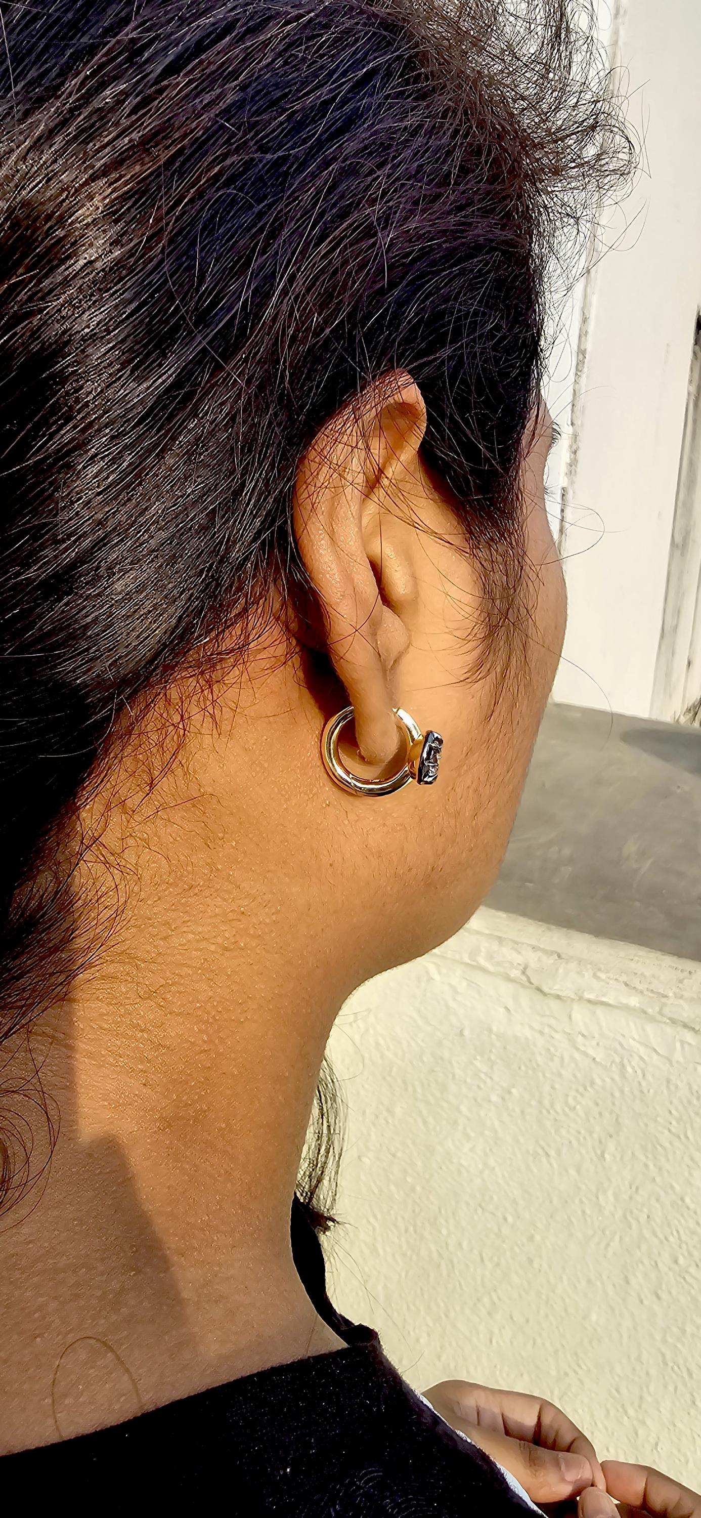 Georgian Victorian Style Lab Grown Diamond Hoops, Georgian cut down Button back blackened gold huggie, Wedding Earring.