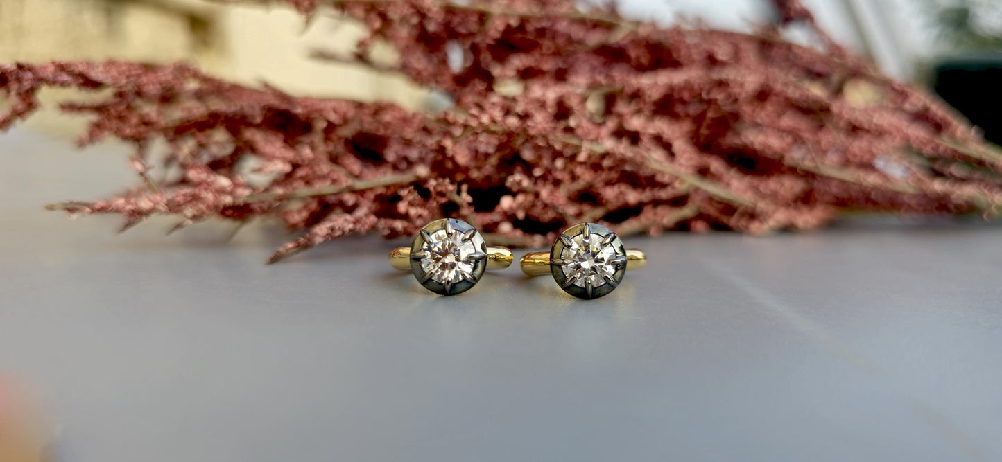 Georgian Victorian Style Lab Grown Diamond Hoops, Georgian cut down Button back blackened gold huggie, Wedding Earring.
